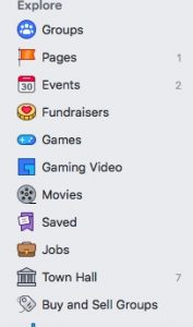 This is a screenshot of the "Explore" menu on Facebook.